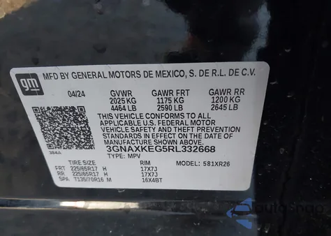2024 Chevrolet Equinox Fwd Lt из США, поврежденный, VIN 3GNAXKEG5RL332668